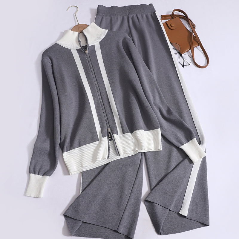 Foreign-Style Double-Ended Zipper Contrast Stand-Up Collar Cardigan Top & High-Waisted Wide-Leg Trousers Knitted Two-Piece Set