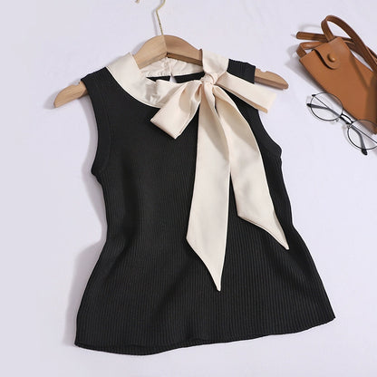 French High-Quality Bow Tie Vest Back Cut-Out knit Sleeveless Top