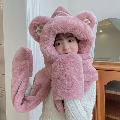 Cute Bear Hat Winter Plush Thickened Warm Hat Hooded Scarf Gloves All-In-One Set