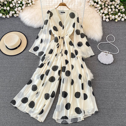 Polka dot print V-neck seaside vacation beach vibe Summer jumpsuit