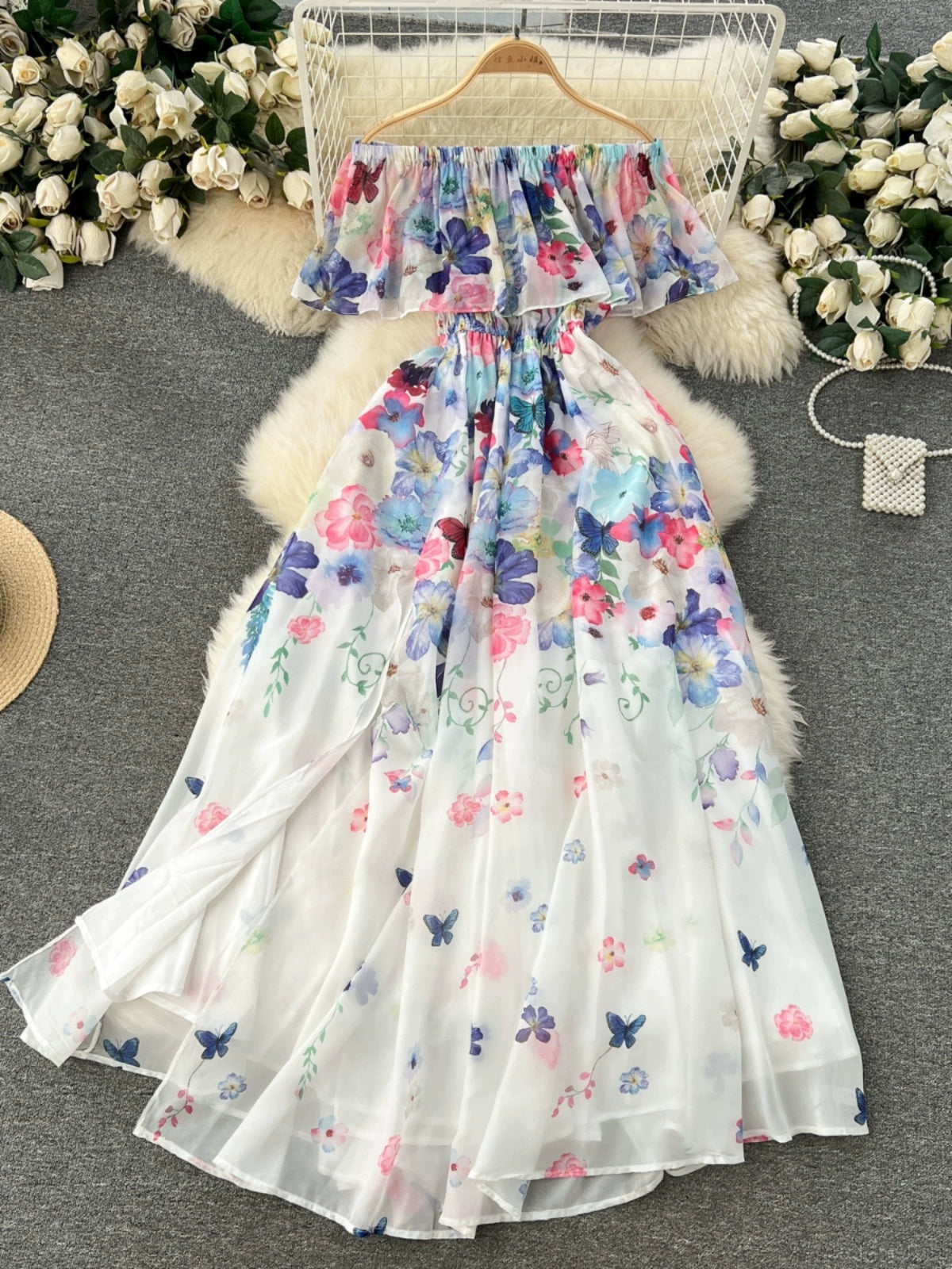 Sophisticated One Shoulder Slim Long Chiffon Fairy Dress with Beautiful Floral Patterns