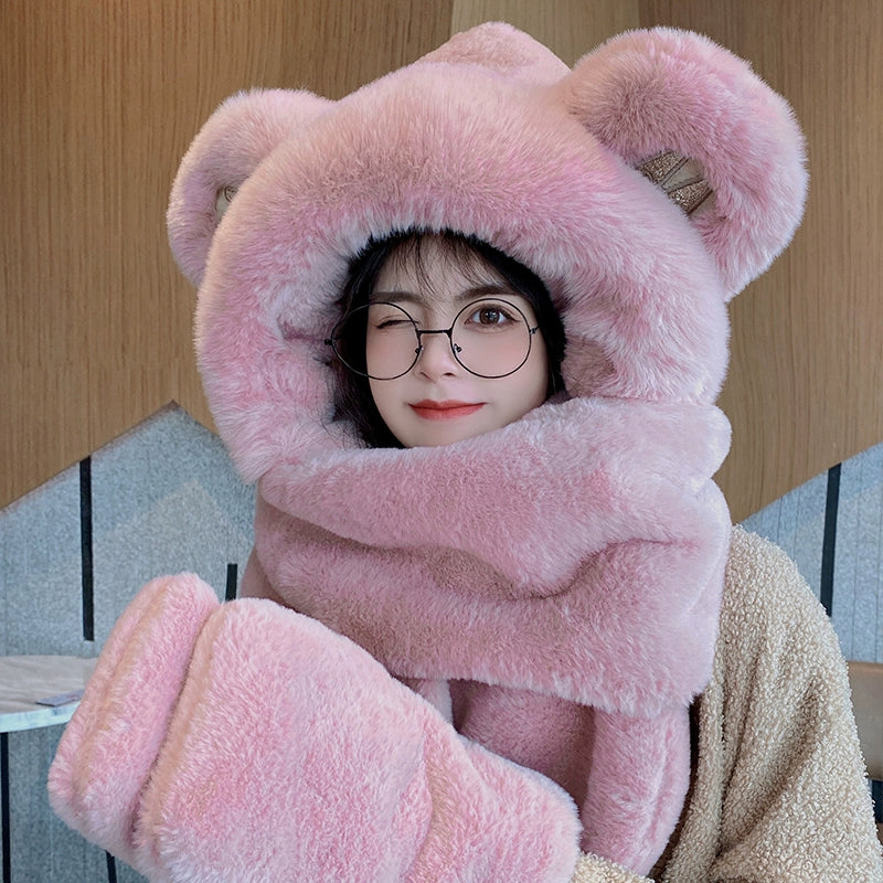 Cute Bear Hat Winter Plush Thickened Warm Hat Hooded Scarf Gloves All-In-One Set