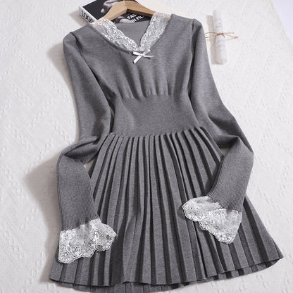 Luxury Korean Retro Lace V-Neck Long-Sleeved Pleated Skirt Stitched knitted Dress