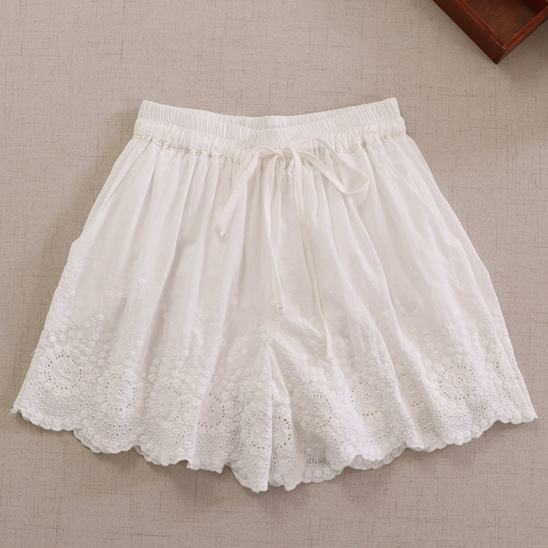 Japanese Style women's embroidered lace shorts with drawstring