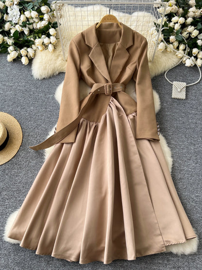 Glamorous Long Suit Dress with Tie Waist Stylish Long Sleeve Lapel Stitching Skirt