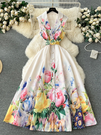 Floral High-Ended Print Sleeveless Dress For Women with Suit Collar and Belted Waist