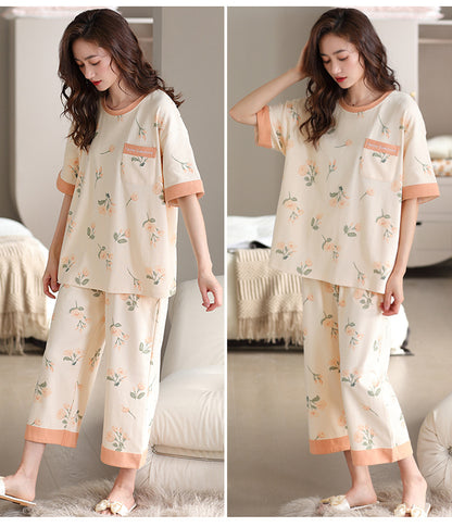 Ladies Summer Cotton Short-Sleeved Cropped Pants Casual Half-Sleeved Sleepwear Set