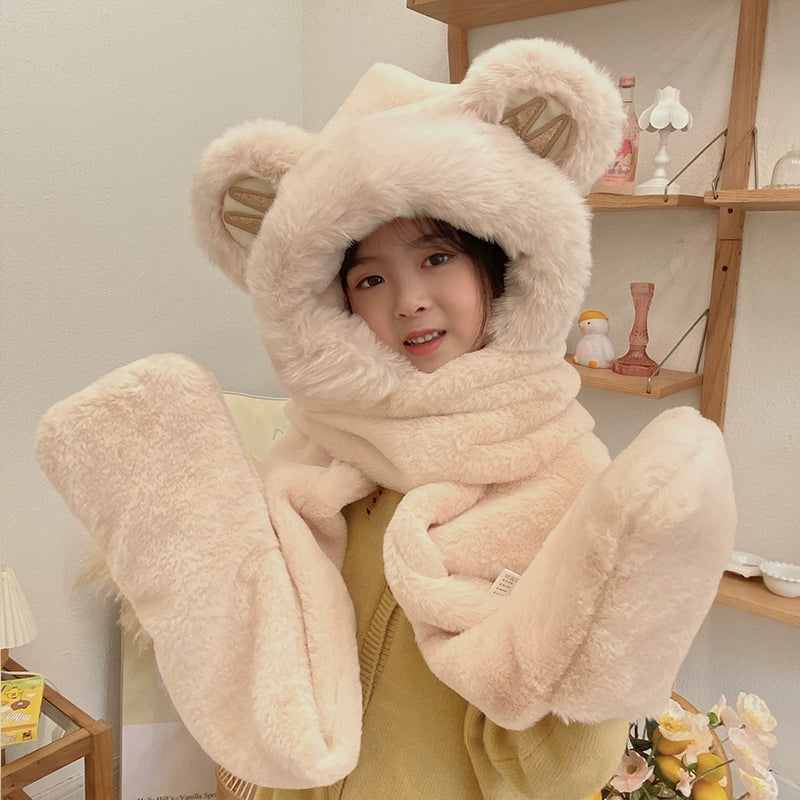 Cute Bear Hat Winter Plush Thickened Warm Hat Hooded Scarf Gloves All-In-One Set