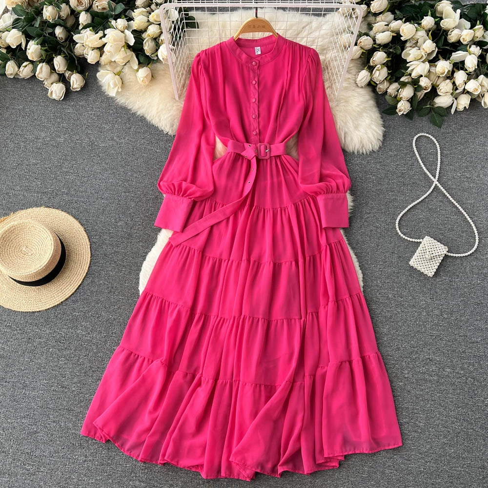 Elegant Spring V-Neck Chiffon Dress with Single-Breasted Design and Cinched Waist