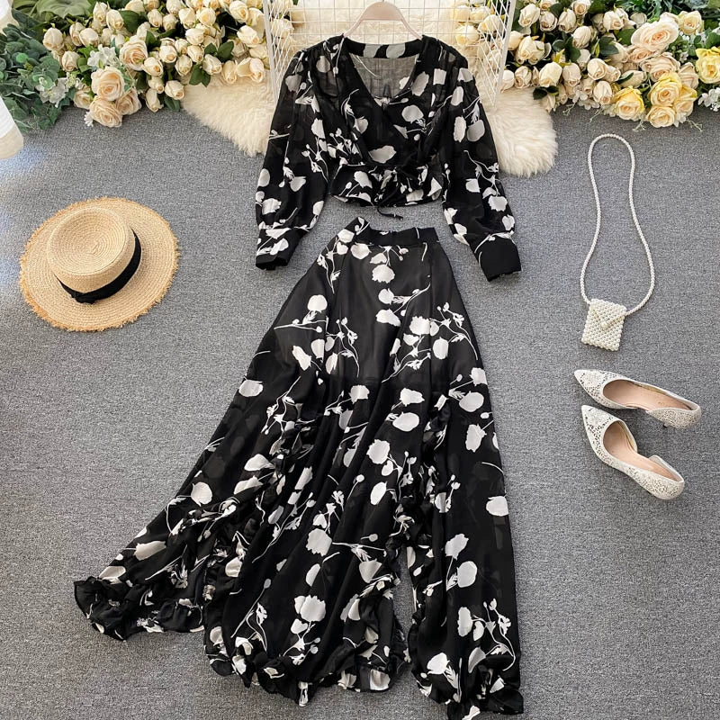 New Seasonal Holiday Style Two-Piece Suit For Women Featuring Chiffon Shirt and Split Skirt