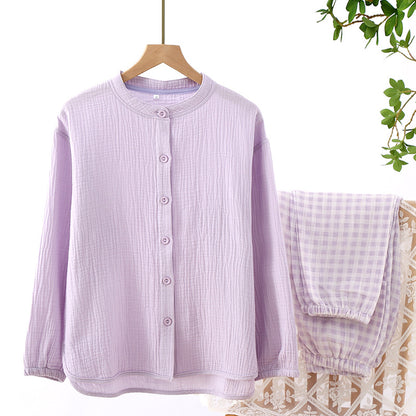 Japanese Plaid Cotton Solid Color Loungewear Suit with Double-Layer Gauze