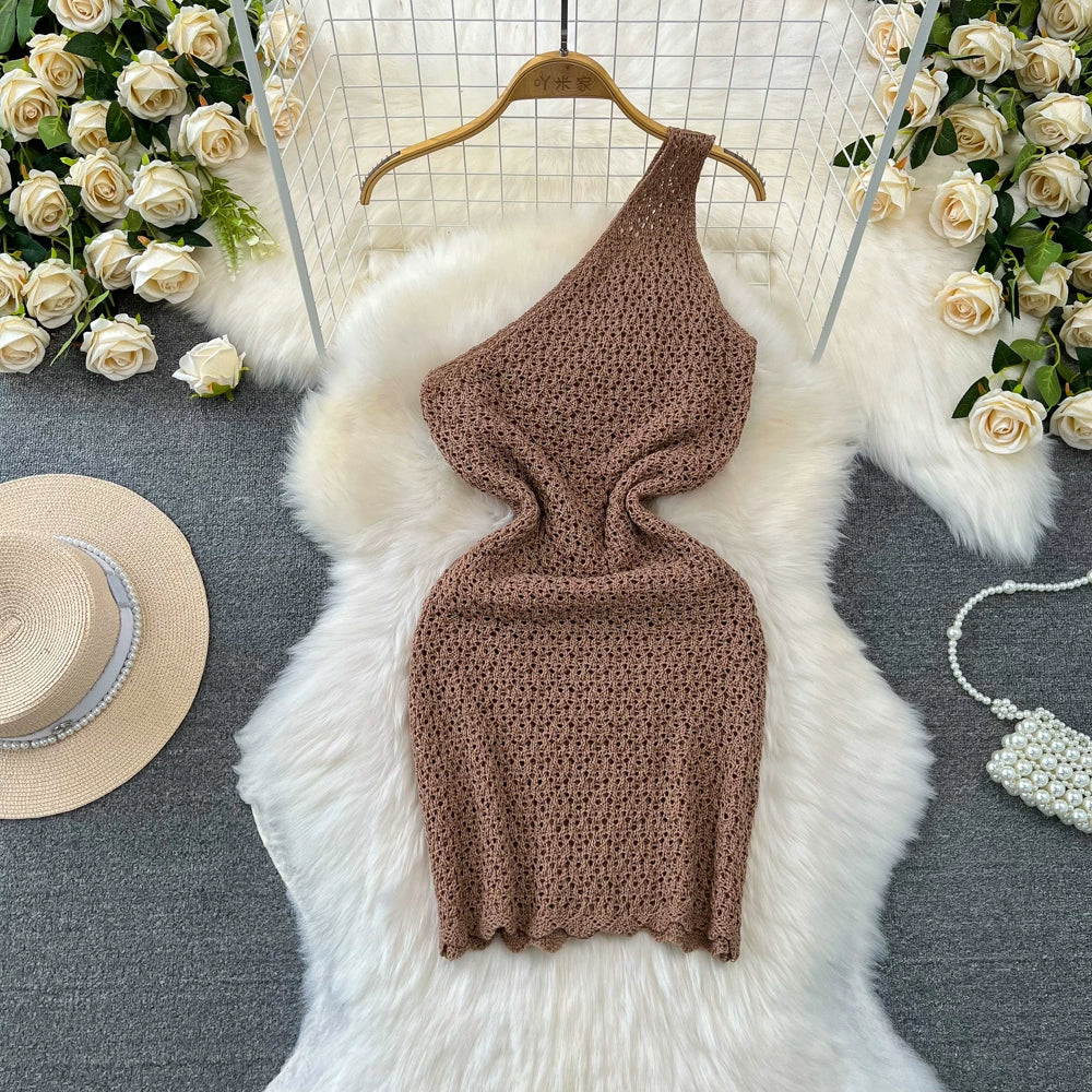 Slanted Collar, Off-Shoulder, Waist Thin, Short Cut-Out knitted buttocks Bodycon