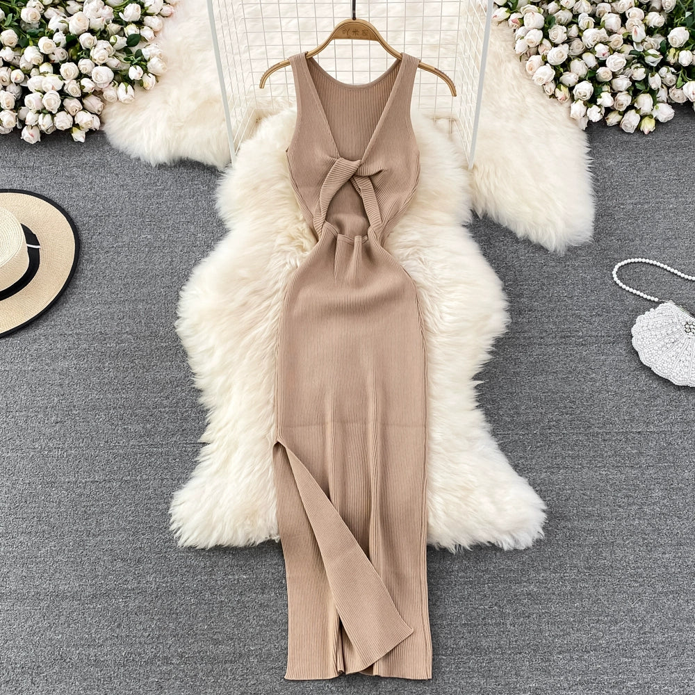 Sleeveless Slim Fit Knitted Dress with Hip-Length Bodycon Dress