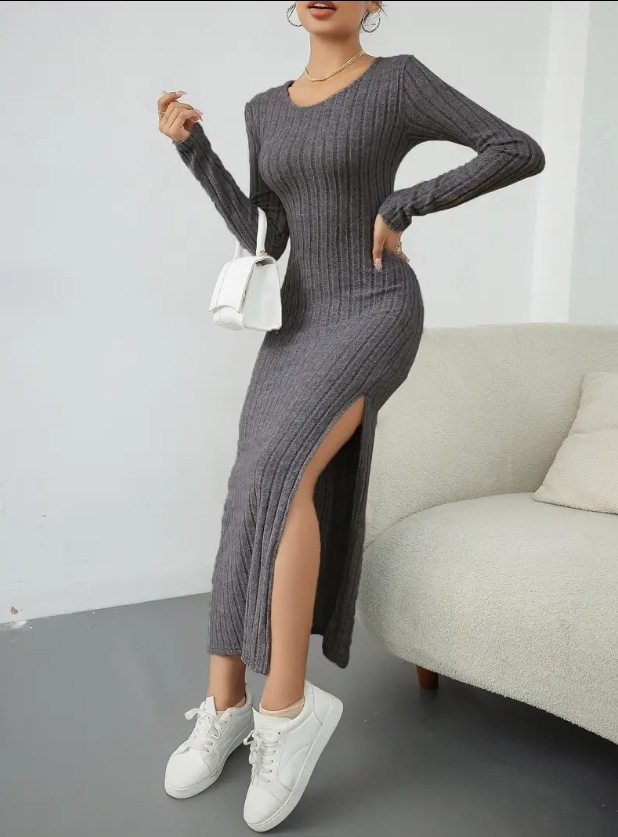 Women's Long Sleeve Round Neck Split Knit Bodycon Dress