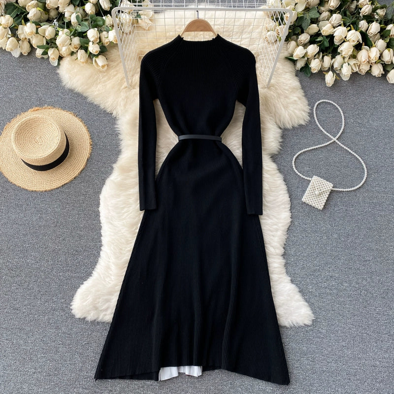 French Hepburn Style Elegant Knit Stitching Gradient Color Pleated Slim Waist Big Swing Dress