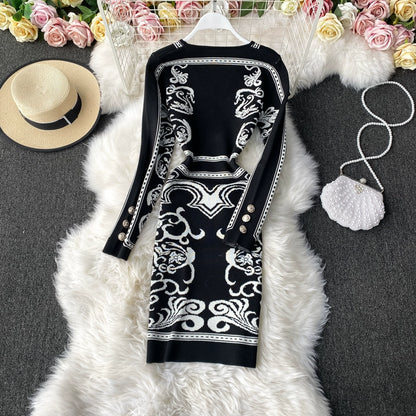 Long-sleeved V-neck knitted dress women's autumn and winter new style wild fashion waist mid-length sweater bag hip base skirt