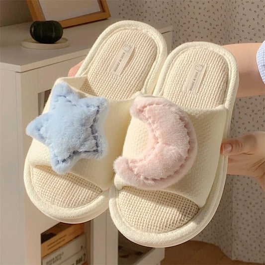 All Season Thin strip Star Moon Anti Slip Linen Women's f Slippers