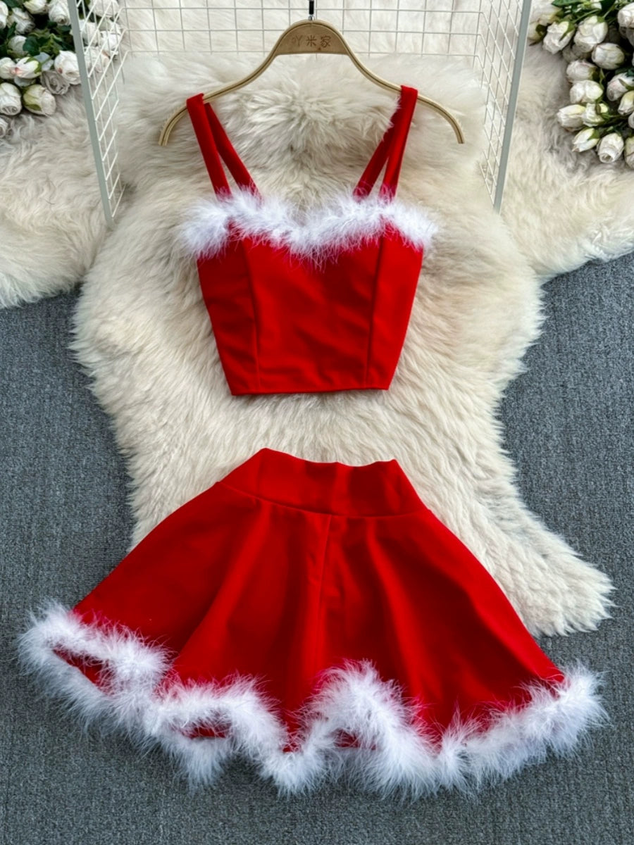 Chic High-Waisted A-Line Skirt with a Festive Fur Patchwork Camisole