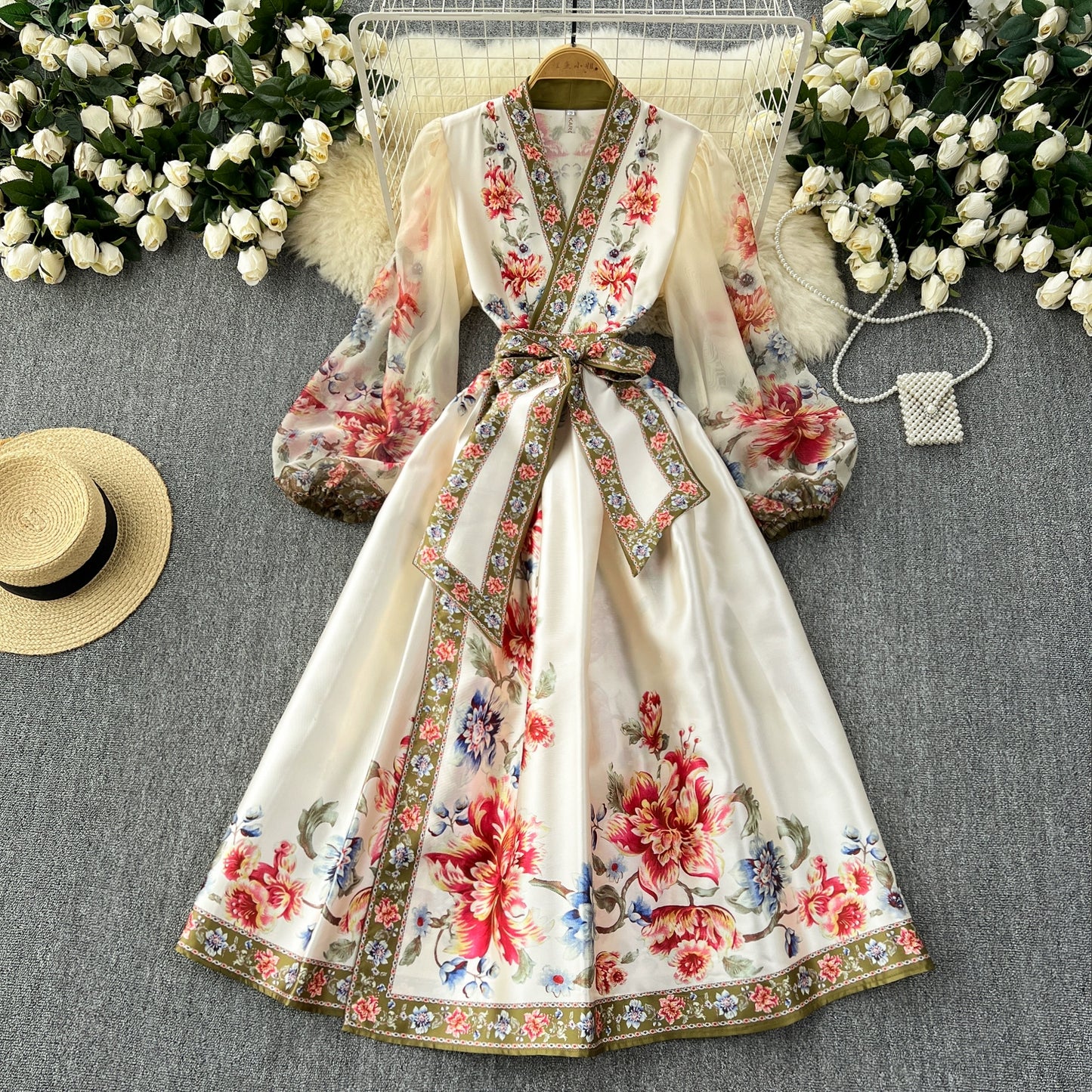 High-End Elegant French Retro Palace Style Tie Waist Temperament Dress