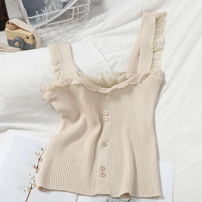 Elegant Sweet And Slim Suspenders Base knitted Lace Tops For Winter