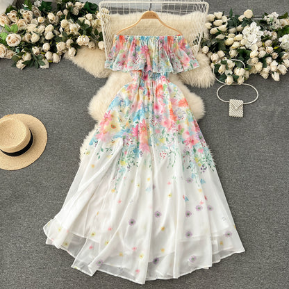 Sophisticated One Shoulder Slim Long Chiffon Fairy Dress with Beautiful Floral Patterns