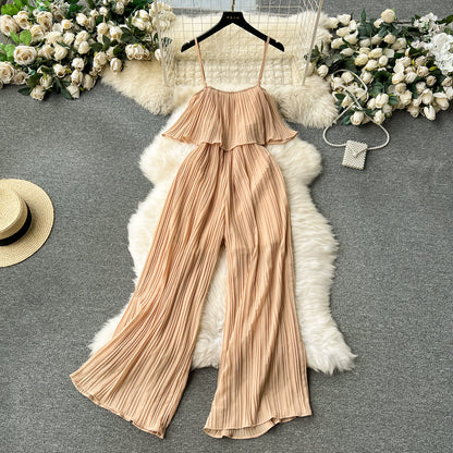 Women's Sweet Ruffle Bandeau Slim Long Heavy Pressed Pleated Suspender Wide-Leg Pants Jumpsuit