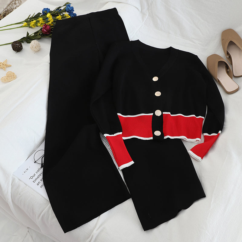 Contrasting Color knitted Buttoned V-neck Cardigan With Fashionable Wide-Leg Pants Sweater Set