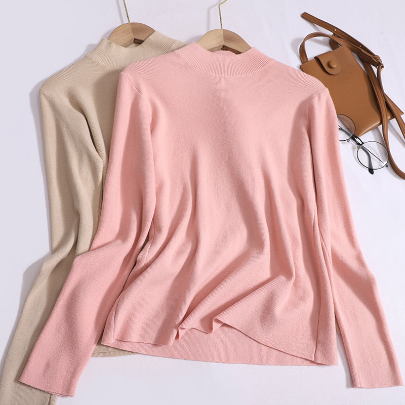 New Korean Version  Versatile Knitted Half-High Neck Solid Color Long Sleeve Inner Top