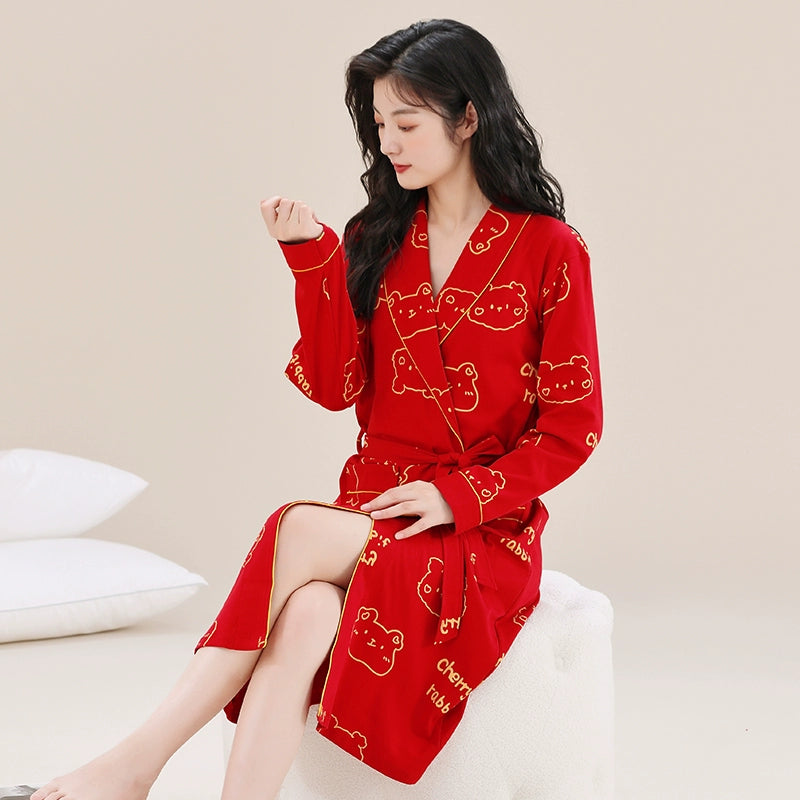 Spring and Autumn Women's Cotton Long Sleeve Bathrobe Dress