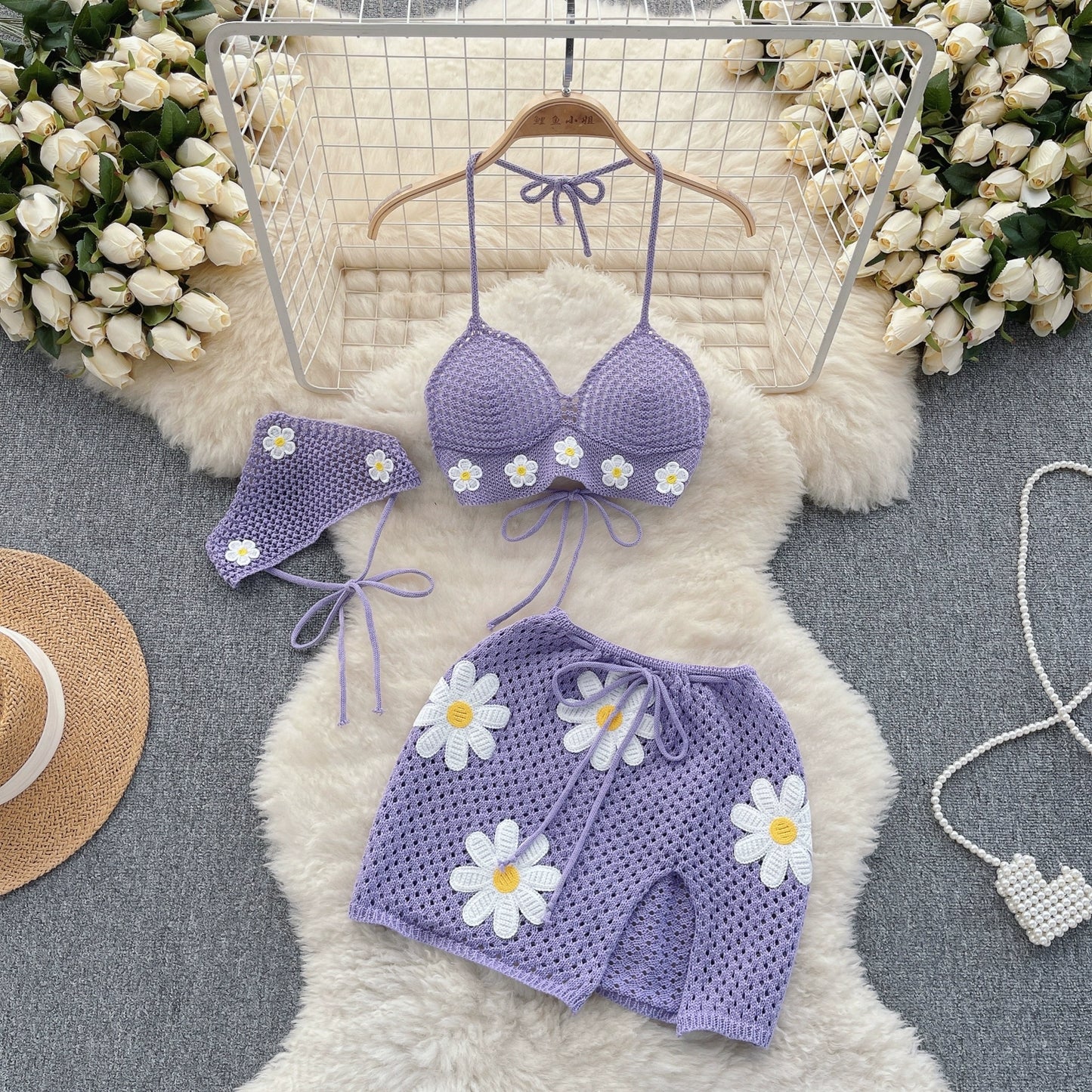 Women's Summer Flowers Design Seaside Resort-Style knitted Strappy Three-Piece Bikini Set