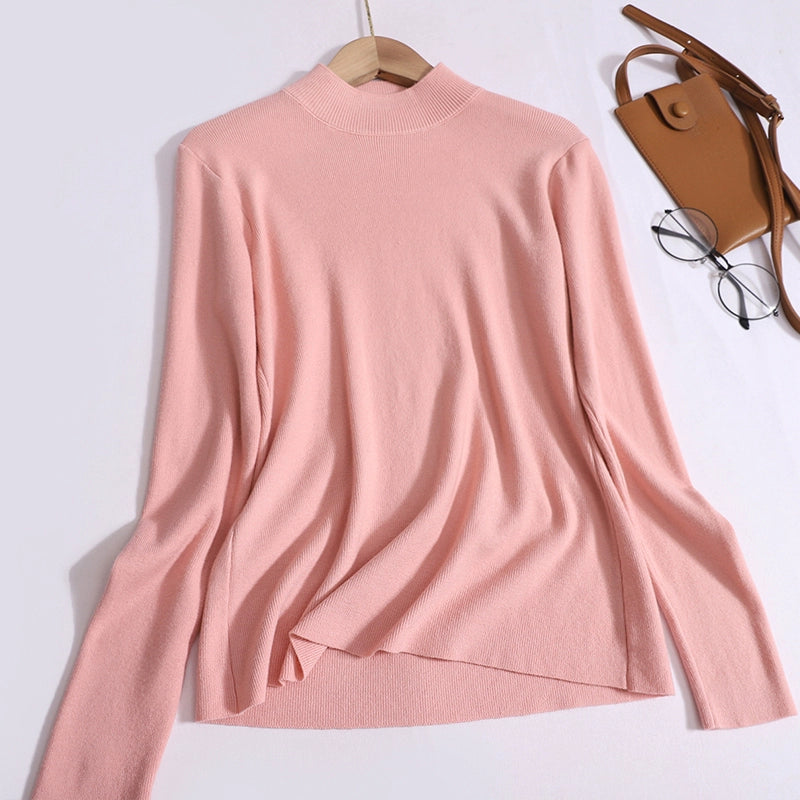 New Korean Version  Versatile Knitted Half-High Neck Solid Color Long Sleeve Inner Top