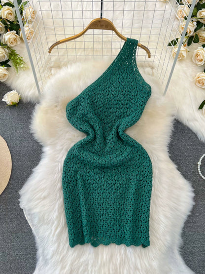 Slanted Collar, Off-Shoulder, Waist Thin, Short Cut-Out knitted buttocks Bodycon