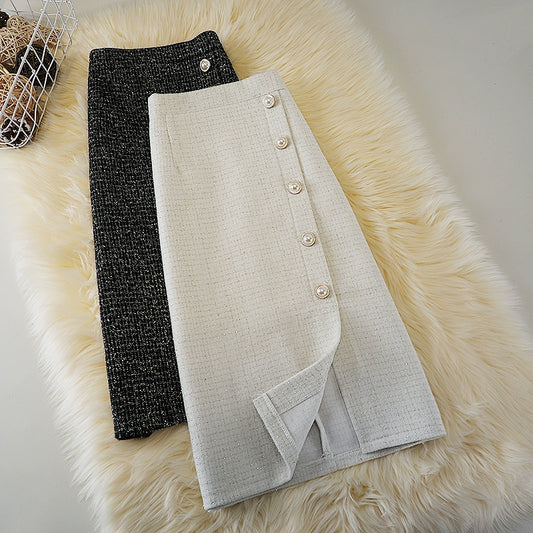 Women's Autumn And Winter New High-Waisted Slim Mid-Length Slit One-Step Woolen A-line Skirt