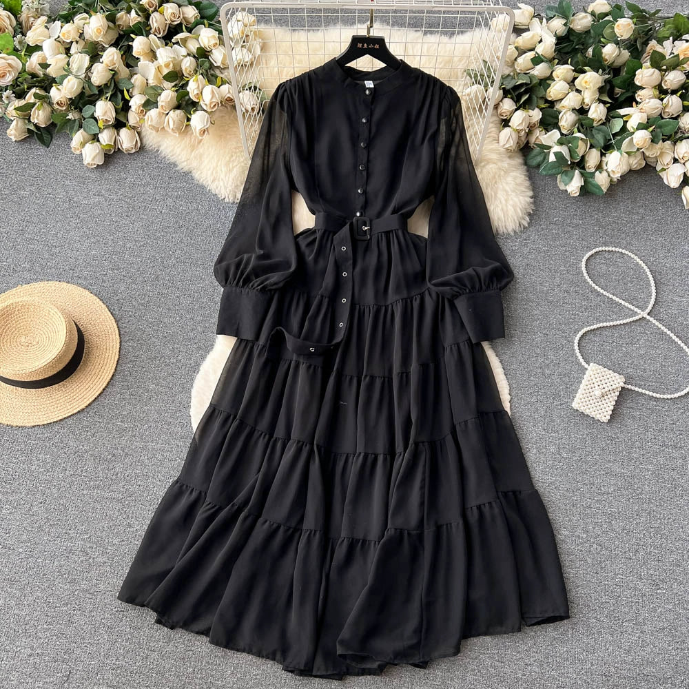 Elegant Spring V-Neck Chiffon Dress with Single-Breasted Design and Cinched Waist