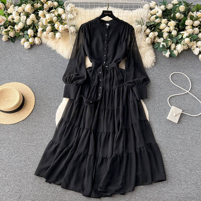 Elegant Spring V-Neck Chiffon Dress with Single-Breasted Design and Cinched Waist