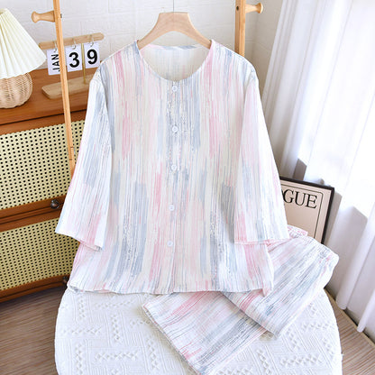 Pajamas cotton women's summer class A thin cotton yarn striped cropped sleeve cropped pants cotton loungewear set