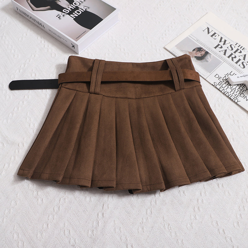 Women's Autumn And Winter Deerskin Velvet Pleated High Waist Slim A-line Belt Short Skirt