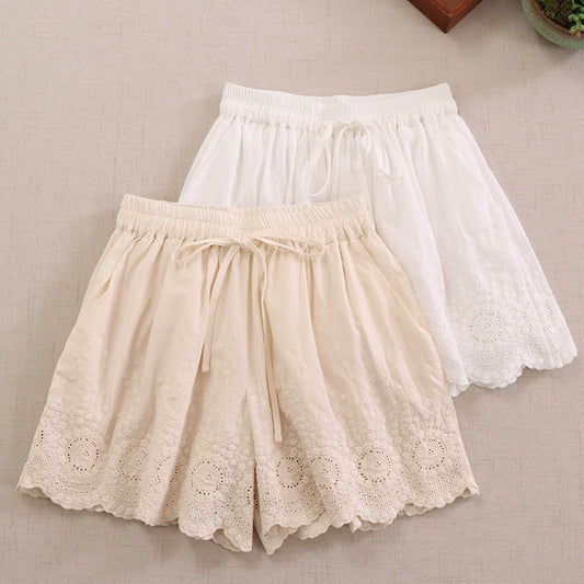 Japanese Style women's embroidered lace shorts with drawstring