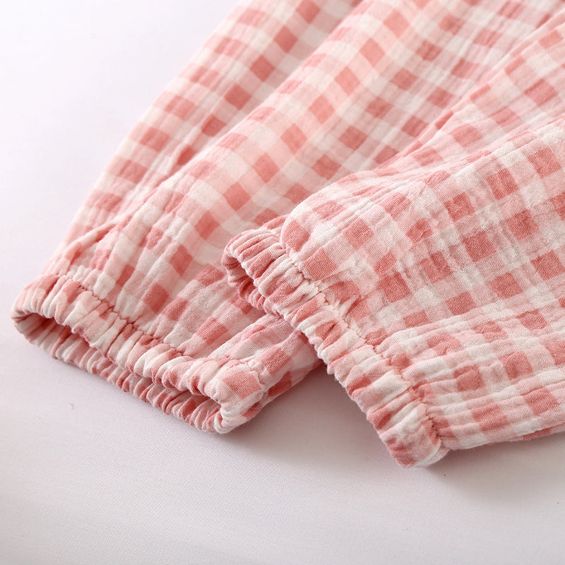 Japanese Plaid Cotton Solid Color Loungewear Suit with Double-Layer Gauze