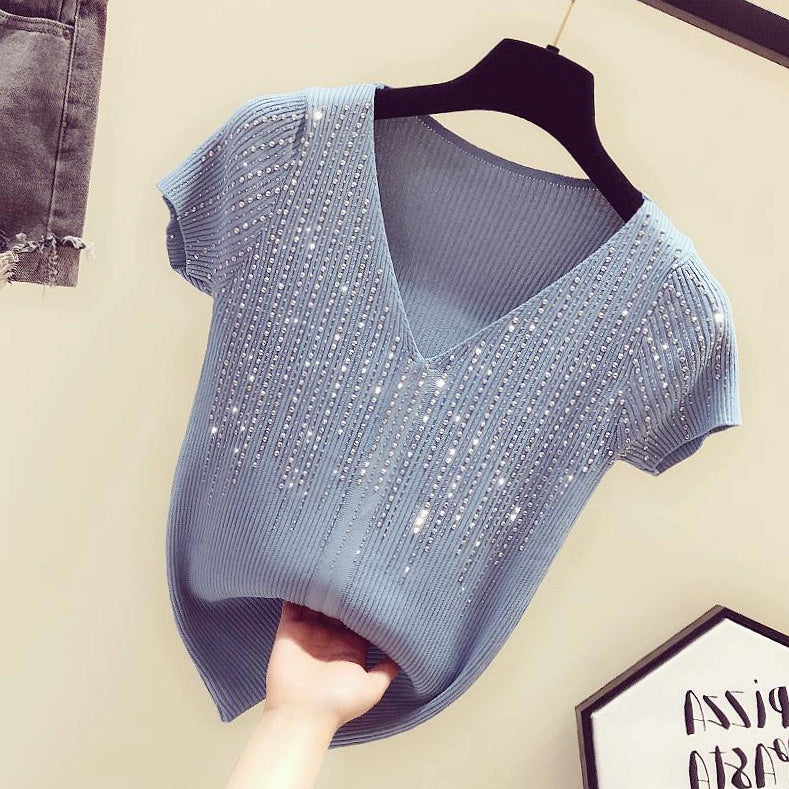 Summer Friendly ice silk short tops short-sleeved T diamond-studded tops