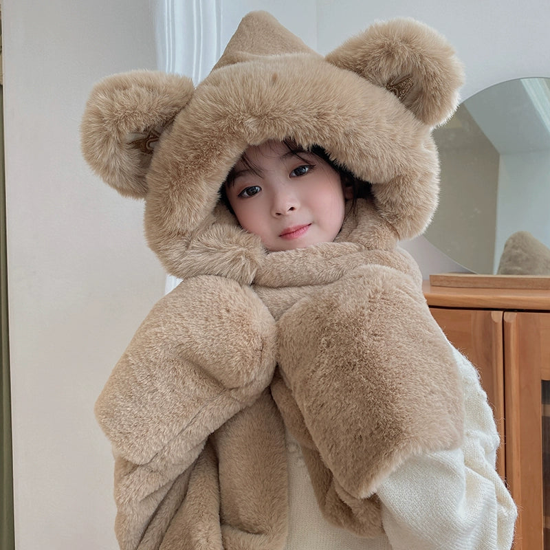 Cute Bear Hat Winter Plush Thickened Warm Hat Hooded Scarf Gloves All-In-One Set