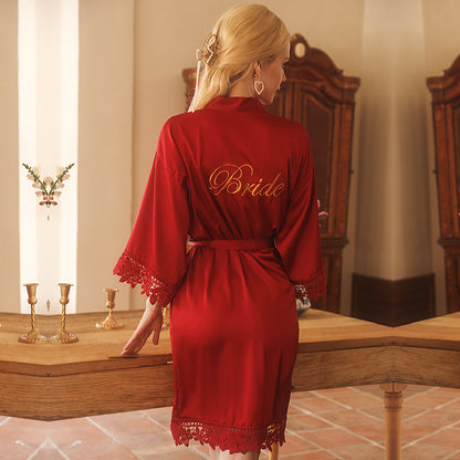 Wedding Bride And Bridesmaid Group Satin Embroidered Nightgown For Party
