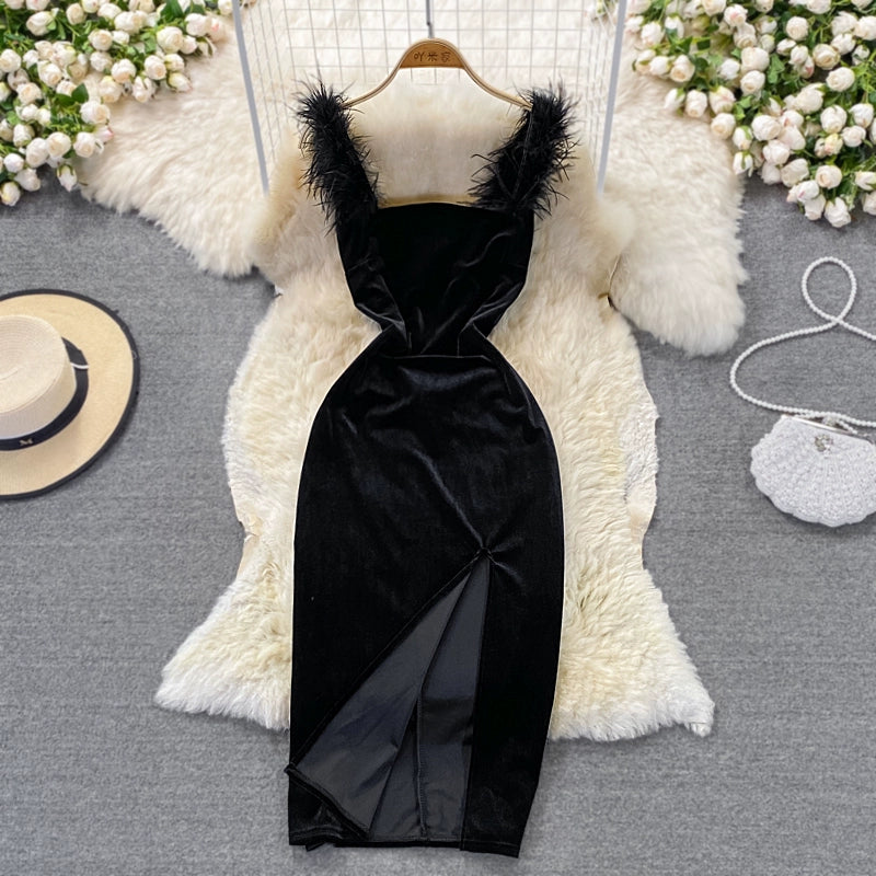 Luxury Velvet Slit Slim Waist Black Suspender Bodycon Dress