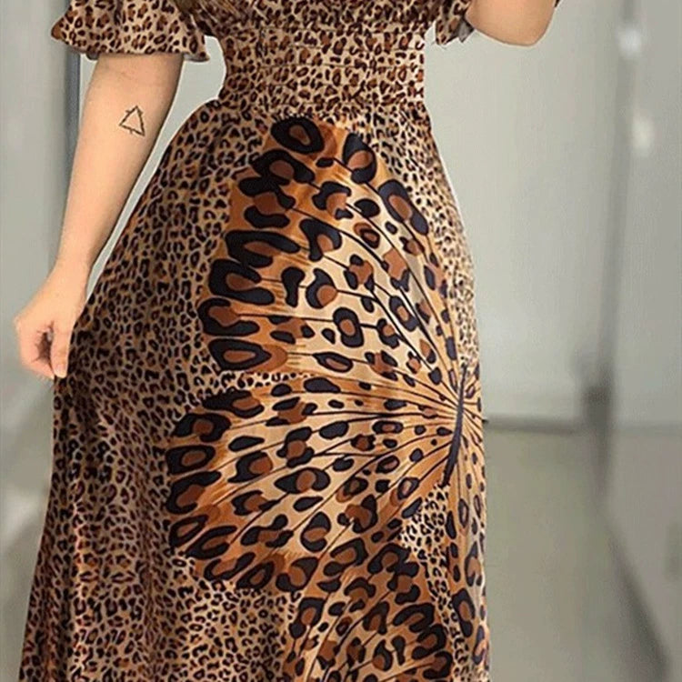 Elegant Leopard Print Maxi Dress with Butterfly Pattern Off-Shoulder Summer Party Gown for Women