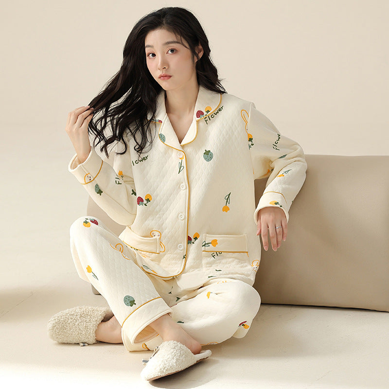 Elegant Comfort Plush Air Cotton Lapel Padded Loungewear Suit for Autumn & Winter