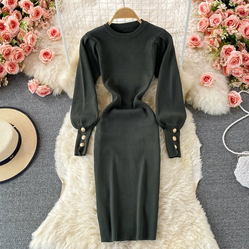 Sophisticated Winter Stretch Knitted Fit Bodycon Dress With Long Puff Sleeves