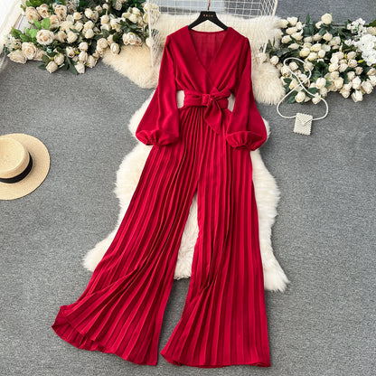 European And American Spring V-Neck Puff Sleeve Tie Waist Long Pressed Pleated Wide-Leg Pants Jumpsuit