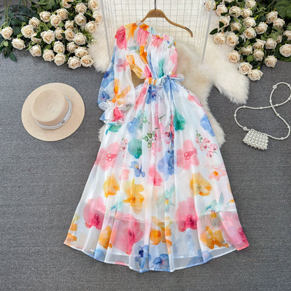 Springtime Elegance Off-Shoulder Dress with Balloon Sleeves and Ruffle Neckline