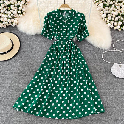 French Flair Retro Dress with V-Neck and Puff Sleeves Polka Dot Design