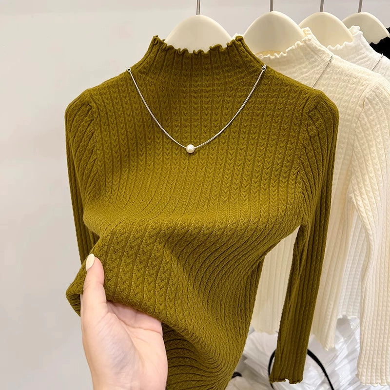 Women's Mid-Neck Base Half-Turtleneck Sweater With Inner Layer knitted Top For Winter